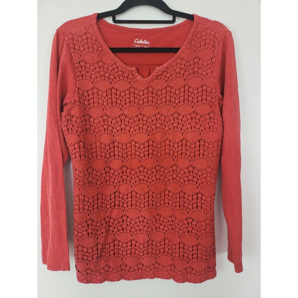 Cabela's Long Sleeve Top Medium Womens V Neck Red Lace Overlay Pullover Casual‎